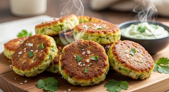 Una pila de buñuelos redondos y dorados con trozos de coliflor, sal gruesa y hojas de cilantro, desprendiendo vapor, junto a un cuenco con salsa verde.