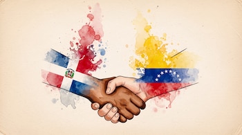 Dos manos se estrechan con las banderas de República Dominicana y Venezuela, rodeadas de salpicaduras de acuarela de colores rojo, azul y amarillo sobre un fondo claro.