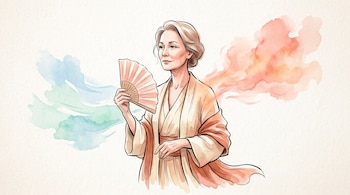 Ilustración en acuarela de una mujer madura con abanico, rodeada por trazos de color naranja a un lado y azul con verde al otro.