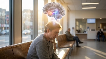 Persona sentada en una sala de espera con luz brillante de una ventana, un cerebro transparente flota sobre su cabeza mostrando la amígdala e hipocampo iluminados.