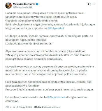El periodista Melquisedec Torres también señaló a Alejandro Bermeo, senador electo por el Movimiento de Salvación Nacional - crédito @Melquisedec70/X
