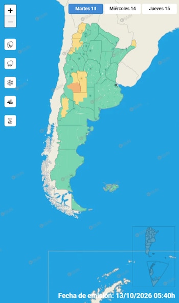 Mapa de Argentina dividido en sectores de color verde, amarillo y naranja, con controles de clima a la izquierda y fecha en la parte inferior