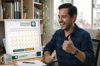 Hombre sonriente con pulgar arriba frente a una pantalla con el calendario de la Declaración Anual 2025 del SAT. Taza y documentos en el escritorio.