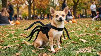 Un perro chihuahua con un arnés negro de patas de araña está sentado sobre el césped entre hojas secas, con personas y calabazas al fondo.