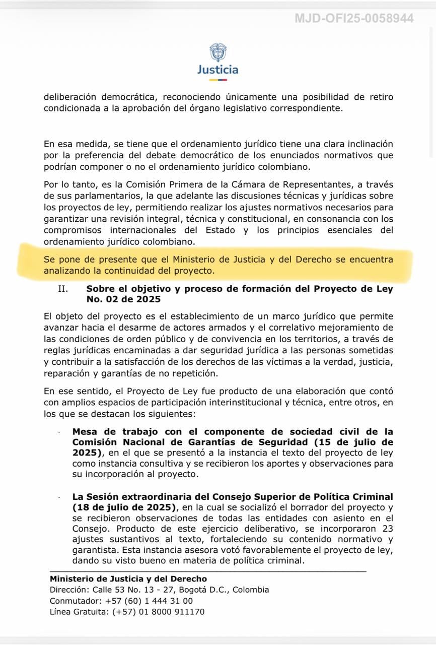 El Ministerio de Justicia admite la evaluación de la continuidad del proyecto. - crédito @AngelicaLozanoC/X
