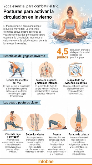 Infografía con título sobre yoga y circulación invernal, mujer meditando en la nieve, ilustraciones de cuatro posturas de yoga, gráficos médicos y logo de Infobae.