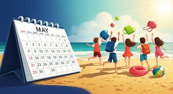 Calendario de mayo en la arena, junto a niños corriendo hacia el mar bajo un sol brillante, con mochilas y juguetes de playa.