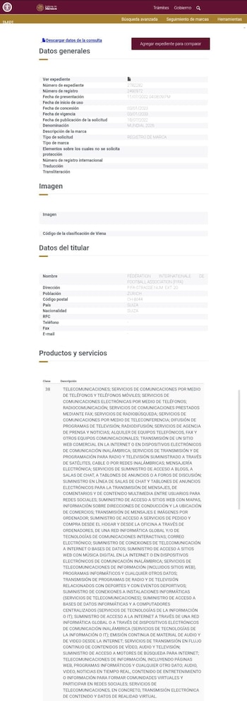 Registro de marca FiFA Mundial 2026
