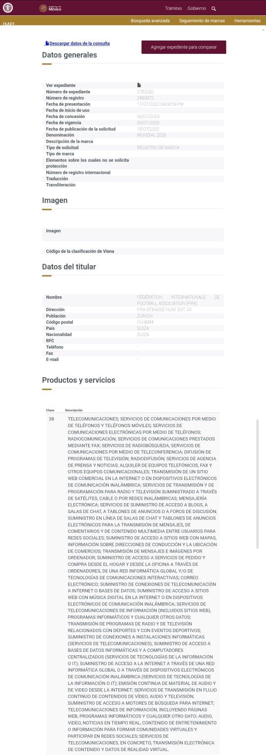 Registro de marca por parte de FiFA sobre la palabras Mundial 2026 (captura)