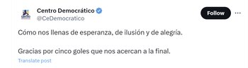 Centro Democrático celebró victoria de Colombia - crédito @CeDemocratico/X