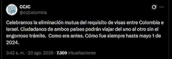 La Confederación de Comunidades Judías de Colombia celebró la eliminación recíproca del visado entre Colombia e Israel - crédito @ccjcolombia/X