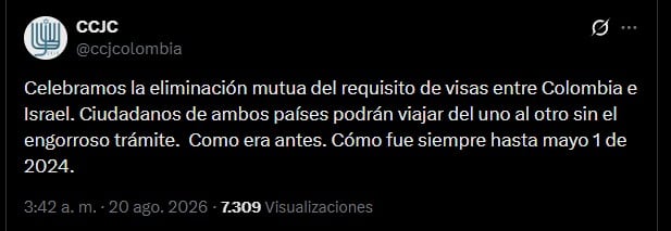 El acuerdo entre Colombia e Israel surgió de conversaciones entre Gideon Sa'ar y Omar Bula Escobar para facilitar intercambios turísticos, académicos, culturales y comerciales - crédito @ccjcolombia/X