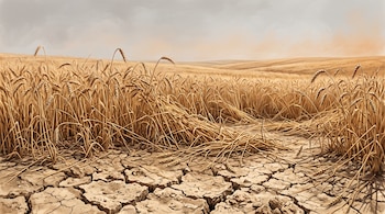 Campo de trigo con tallos caídos y espigas doradas sobre una tierra seca y agrietada.