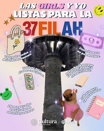 Un póster colorido con un perro chihuahua, un monumento central, una bolsa de tela, un billete morado, un teléfono, una batería, una pluma, un cuaderno, y logos de Cultura e INAH