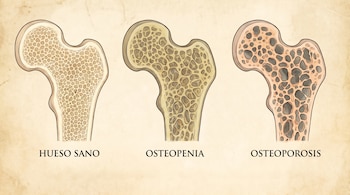 Ilustración de tres secciones transversales de un hueso fémur que muestran el tejido interno: hueso sano denso, hueso con osteopenia y hueso con osteoporosis muy poroso.