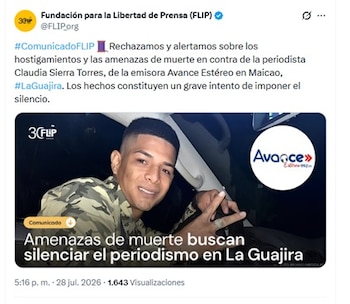 El comunicado se emitió por parte de la Flip el 28 de julio de 2026 - crédito @FLIP_org/X