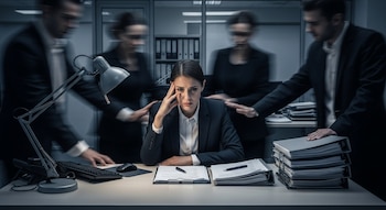Una mujer sentada en un escritorio en una oficina, con la cabeza en la mano, rodeada por cuatro figuras masculinas y femeninas borrosas que la presionan con sus manos.