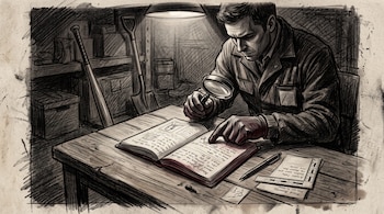 Dibujo de un hombre que examina un cuaderno con lupa en una mesa con bolígrafo y regla, junto a un bate de béisbol y una pala al fondo.