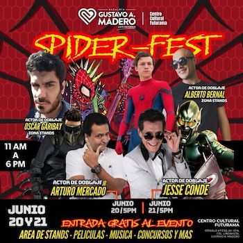 Póster vibrante de Spider-Fest en rojo con logos de la Alcaldía Gustavo A. Madero y Centro Cultural Futurama. Muestra a cuatro actores de doblaje, Spider-Man y Duende Verde