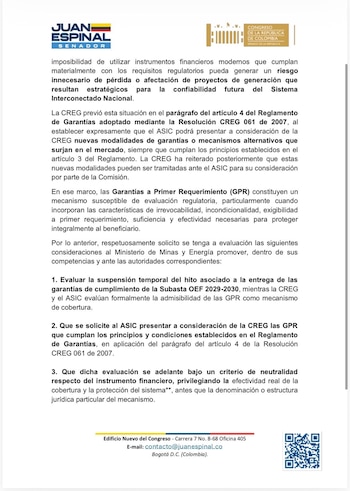 Juan Espinal, senador, solicitó la suspensión temporal del hito de entrega de garantías de la subasta del cargo por confiabilidad 2029-2030 y habilitación de
garantías a primer requerimiento (GPR) - crédito @Juan_EspinalR/X