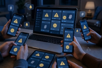 Manos sosteniendo teléfonos inteligentes y una computadora portátil sobre una mesa con pantallas que exhiben íconos de alerta y etiquetas.