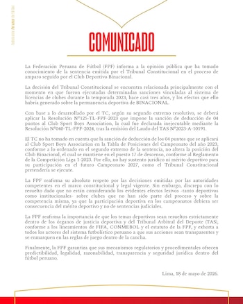 Comunicado completo de la FPF sobre la sentencia del TC que ordena el regreso de Binacional a la Liga 1.