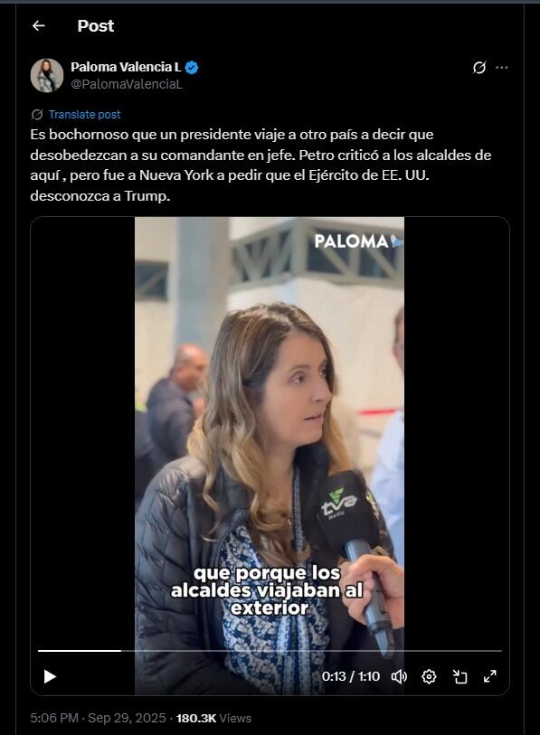 Paloma Valencia cuestionó al presidente Gustavo Petro por su viaje a Estados Unidos - crédito @PalomaValenciaL/X