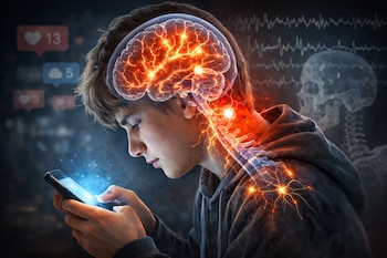 Joven mirando un teléfono móvil. Cerebro y médula espinal iluminados con energía. Iconos de redes sociales y ondas cerebrales visibles al fondo.