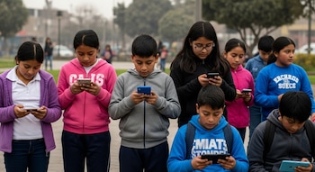 Ocho niños y niñas en un parque, algunos mirando sus teléfonos móviles y tabletas, otros observando sin interactuar con pantallas.