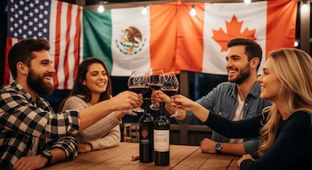 Cuatro personas, dos hombres y dos mujeres, brindan con copas de vino tinto en una mesa de madera. Dos botellas de vino. Banderas de Estados Unidos, México y Canadá.