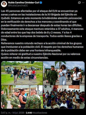 La mandataria informó que las 45 personas liberadas recibieron atención en la XV Brigada del Ejército y que el ICBF verificaría la situación de los menores de edad. - Crédito @NubiaCarolinaCC/X