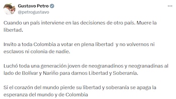 Gustavo Petro defendió la soberanía nacional y llamó a los colombianos a participar libremente en la segunda vuelta presidencial. - crédito @petrogustavo/X