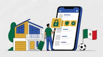 Ilustración plana: turista con maleta frente a casa moderna, mirando móvil grande con app de reservas mostrando iconos de seguridad. Un balón de fútbol y la bandera de México al lado.
