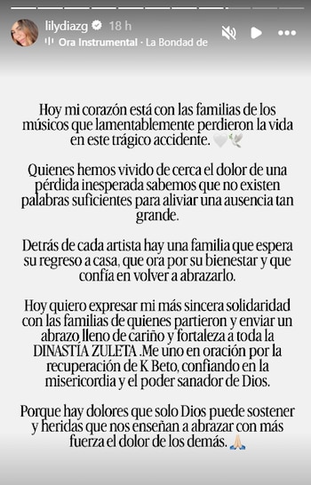 Lily Díaz se solidarizó con los familiares de los músicos fallecidos y pidió por la recuperación de Kbeto Zuleta - crédito @lilydiazg/ Instagram
