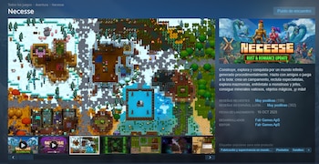 Interfaz de Steam, título, descripción y portada de Necesse. Un mapa pixelado con edificios, árboles, agua, personajes, animales. Miniaturas de pantalla de juego