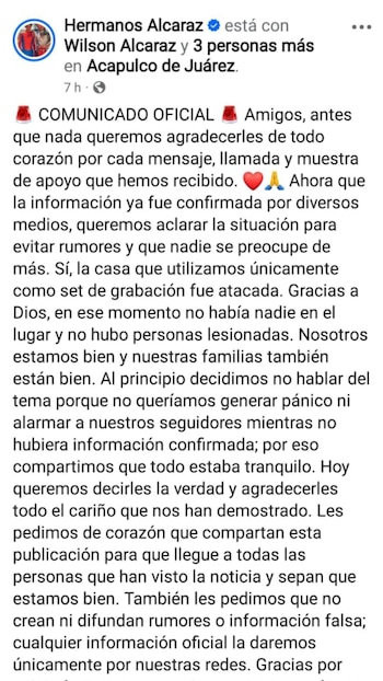 Captura de pantalla de una publicación de red social con el comunicado oficial de Hermanos Alcaraz sobre un ataque a su set de grabación