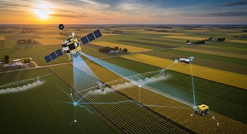 Un satélite orbita sobre campos agrícolas con un dron, un vehículo robótico y un sistema de riego. Líneas de conexión azules unen los dispositivos.
