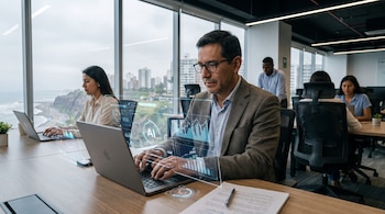 Hombre con gafas teclea en laptop; proyecciones holográficas de gráficos y la sigla AI flotan sobre la pantalla. Otros empleados trabajan en oficina