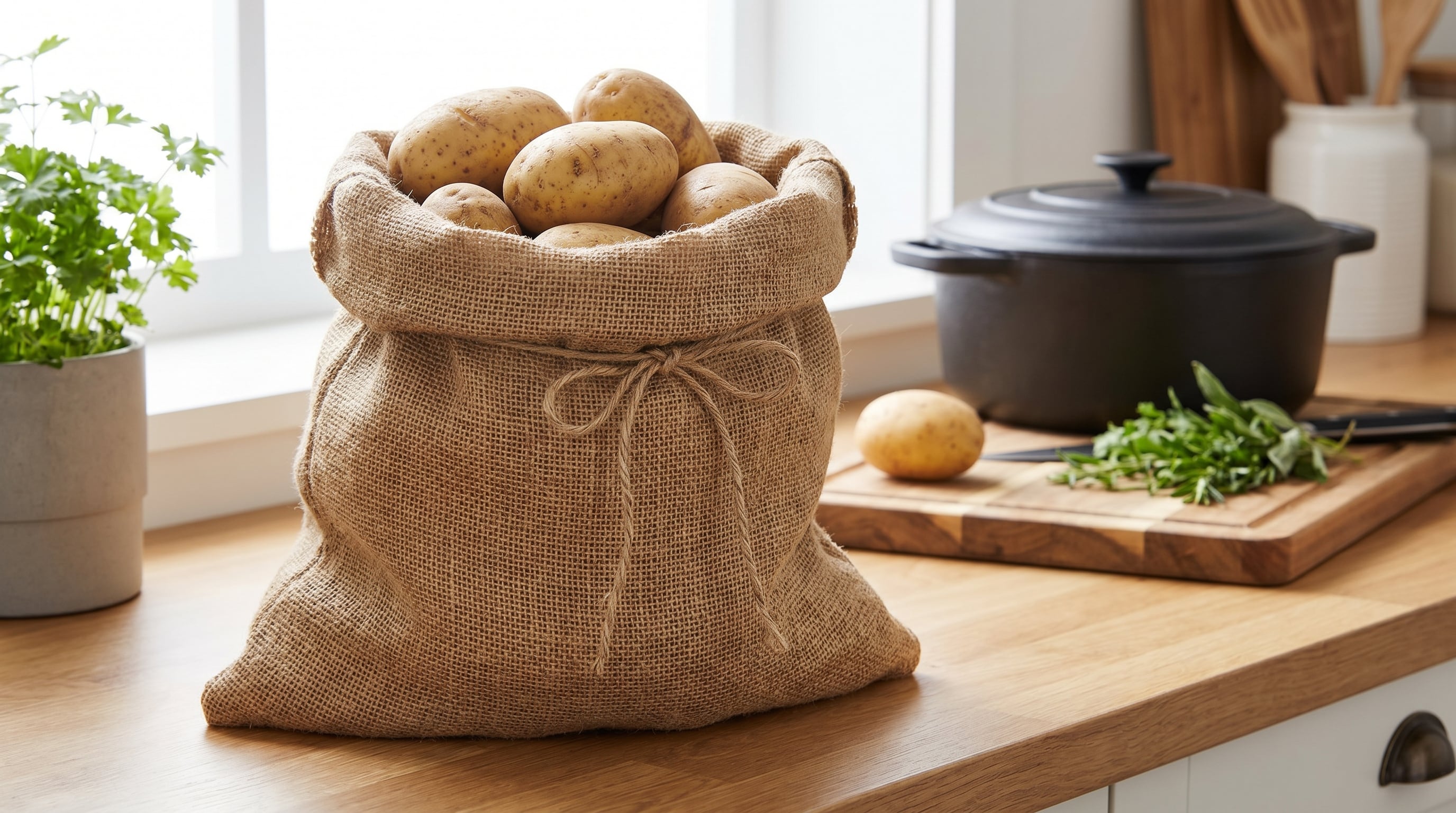 Un saco de yute lleno de papas frescas reposa sobre una encimera de madera en una cocina luminosa, acompañado de utensilios y hierbas para cocinar. (Imagen Ilustrativa Infobae)