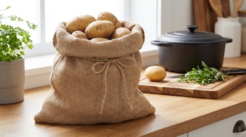Un saco de yute marrón lleno de papas frescas está sobre una encimera de madera clara. A su lado, hay una olla negra, una tabla de cortar con hierbas y una planta.