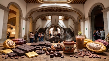 Tabletas de chocolate, trufas, bebidas en vaso y taza, granos y mazorcas de cacao sobre una mesa de madera en el interior de un edificio.
