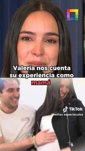 Valeria Flórez en una imagen dividida. Parte superior: su rostro con lágrimas. Parte inferior: sonríe con un hombre tocándole el vientre. Con texto en pantalla