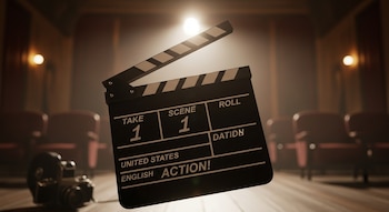 Claqueta de cine negra con "TAKE 1", "SCENE 1", "UNITED STATES" y "ACTION!". Al fondo, butacas rojas de cine y una cámara bajo un foco brillante.