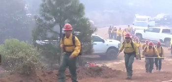 Un grupo de bomberos con uniformes amarillos y cascos rojos camina sobre tierra. Hay árboles, humo y varios vehículos blancos al fondo