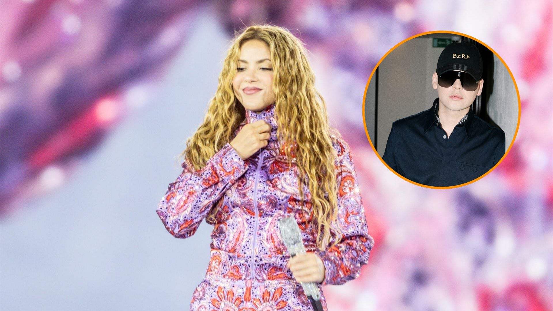 Shakira, durante uno de sus conciertos en Madrid, junto a una imagen de Bizarrap. (Montaje de Infobae)
