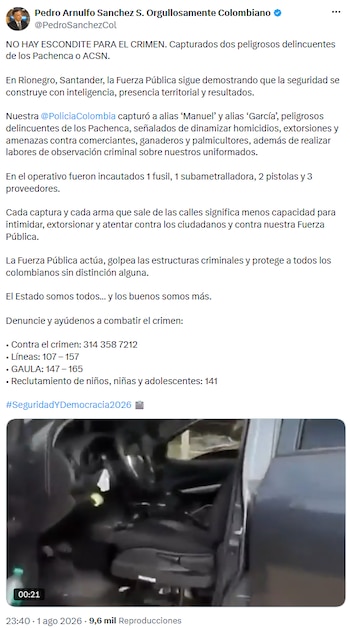 Capturaron en Santander a dos cabecillas de los Pachenca, grupo señalado de extorsión y homicidio - crédito @PedroSanchezCol/X