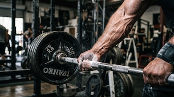Unas manos y antebrazos cubiertos de magnesio sujetan una barra con discos de veinticinco kilogramos en un gimnasio.