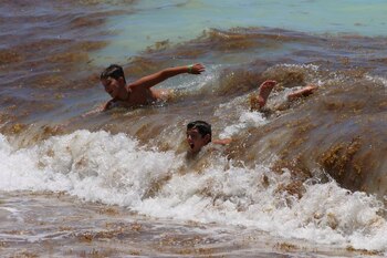 Los turistas juegan en las olas entre el sargazo en una playa de Cancún, México. 30 mayo 2021. REUTERS/Paola Chiomante. NO REVENTAS NI ARCHIVOS.
