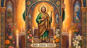 Ilustración de San Judas Tadeo con túnica verde, un medallón en el pecho, un báculo, flores, cirios y un letrero con su nombre.