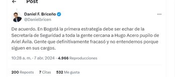 Daniel Briceño le responde a Ariel Ávila sobre la seguridad en Bogotá - crédito @DanielBricen